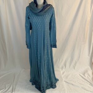Women blue long sleeve long formal maxi blue dress